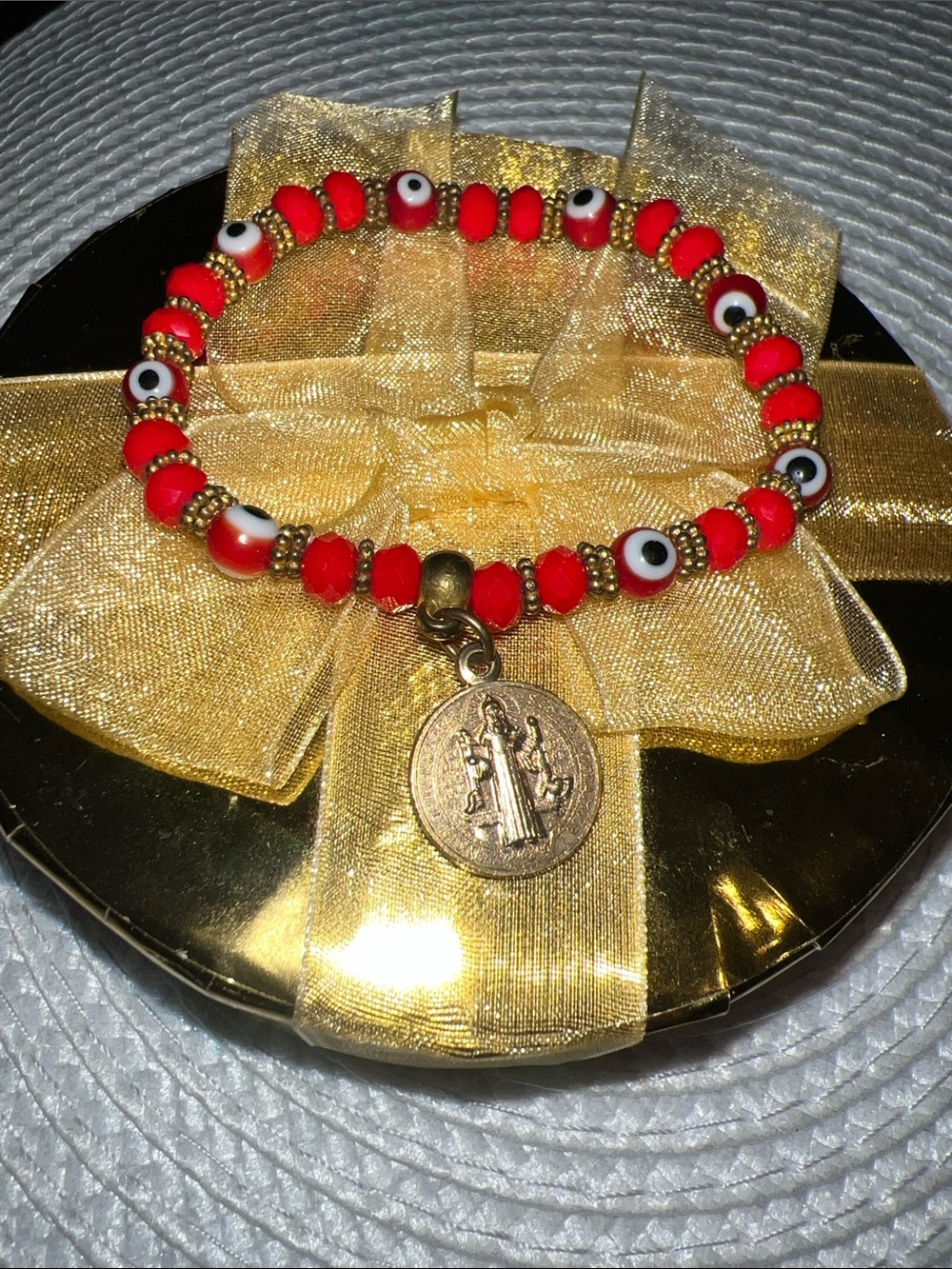 Red Beaded Evil Eye Charm Bracelet with Gold Medal - Unbranded